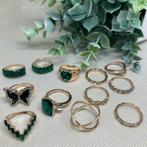 Gold Chic Boho Rings / Emerald
